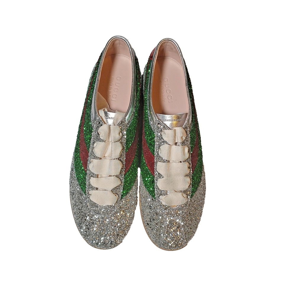 Gucci Silver Glitter Falacer Bee Low Top Sneakers, 9.5 Men's / 11 Women's - Picture 6 of 13